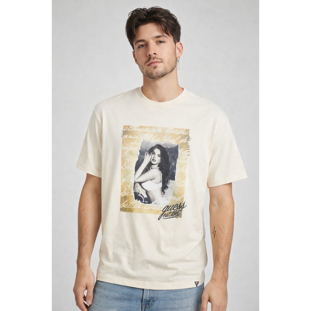 GUESS T-Shirt Graphic Print‎ Cream Organic Cotton Streetwear Small